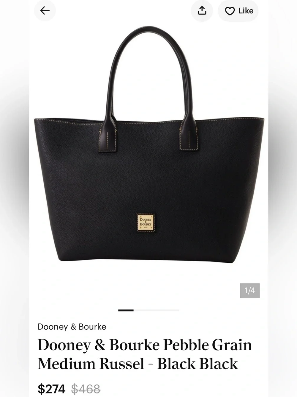 Dooney & Bourke Black Pebble Grain Tote with Gold Logo Plaque - Picture 1 of 8